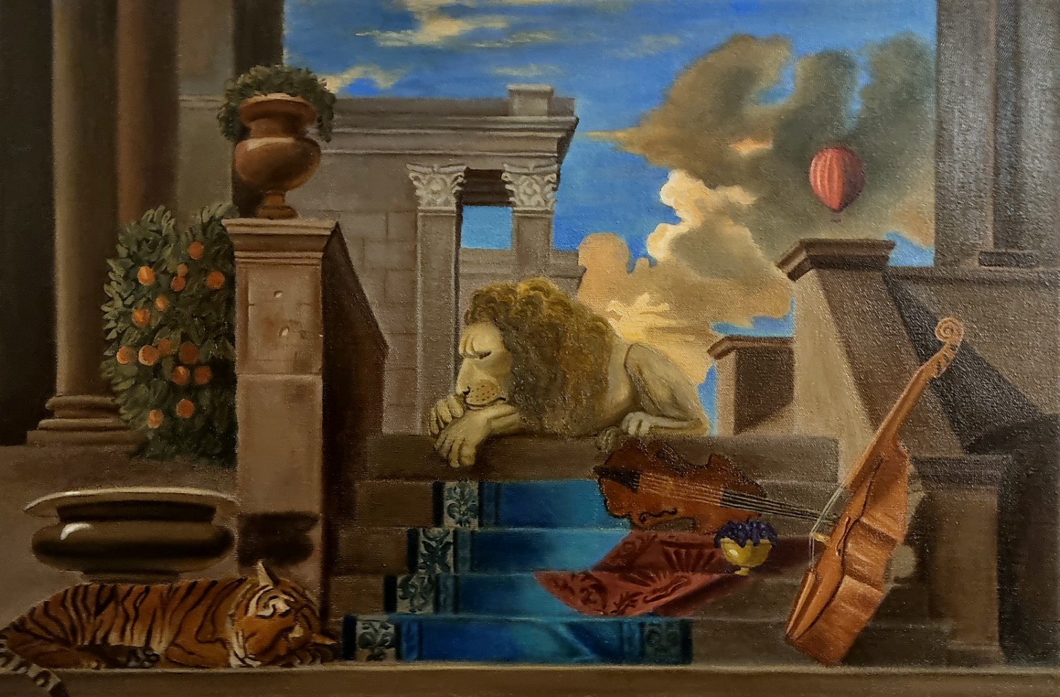 Lion and instruments surreal painting
